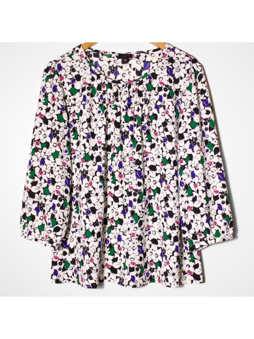 Talbots Floral Blouse Popover Top Ruched Neckline Black White Multi Color Size M